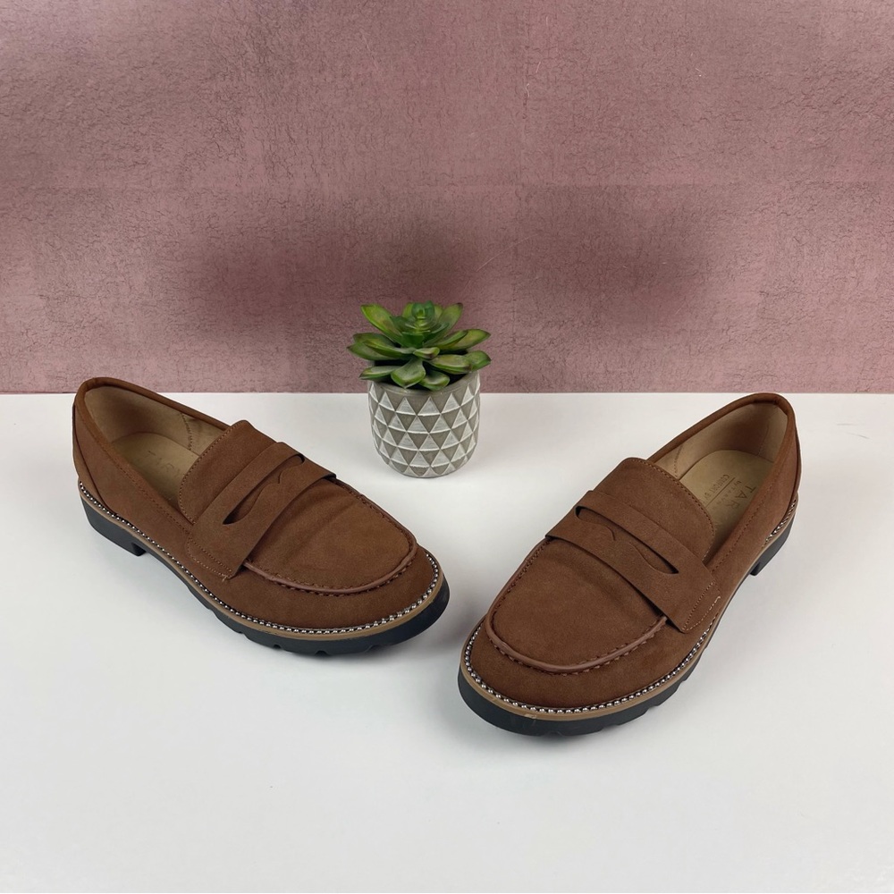 Taryn Rose Solid Brown Silver Embellished Loafer Shoes Women Size 8.5 Designer